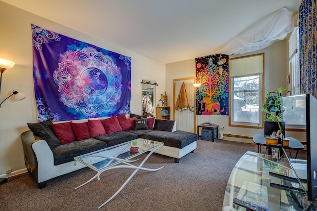 living room with baseboard heating and carpet