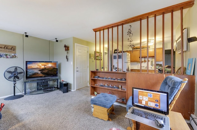 carpeted living area featuring a baseboard radiator and baseboards