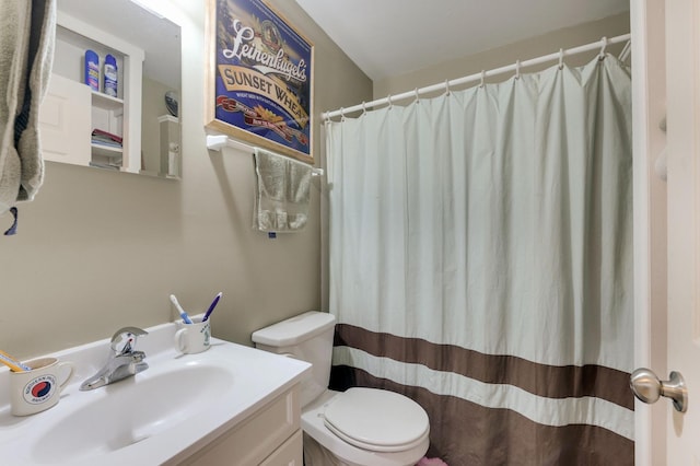 bathroom with curtained shower, toilet, and vanity