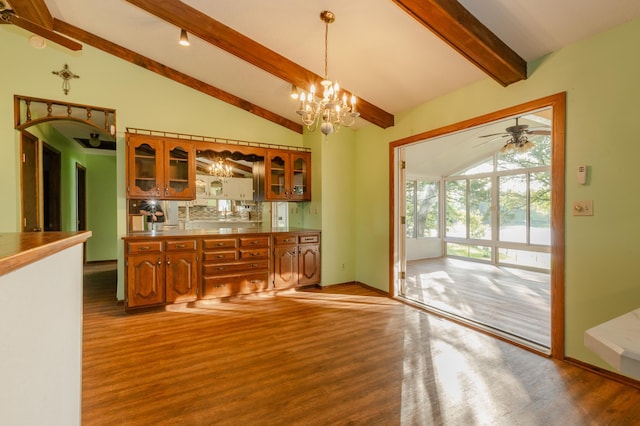1002 11th Ave W, Alexandria, MN 56308 - kitchen with ceiling fan, wood finished floors, brown cabinetry, glass insert cabinets, and a chandelier