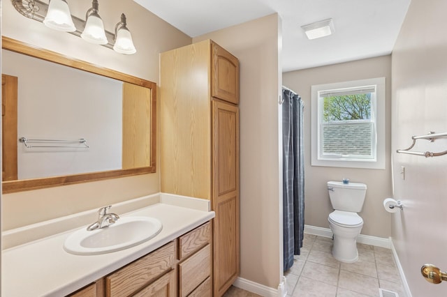 full bath featuring toilet, baseboards, visible vents, tile patterned floors, and vanity