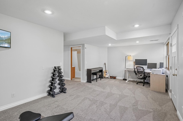 home office with light colored carpet, baseboards, and recessed lighting