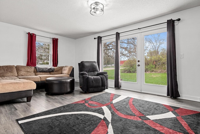 living room featuring a textured ceiling and wood finished floors