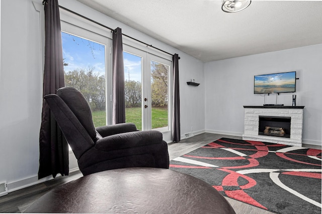 living area featuring baseboards, wood finished floors, and a fireplace