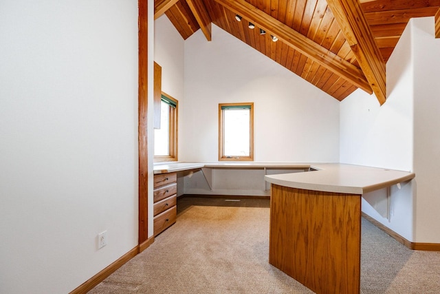 15671 Wermager Beach Rd, Lake Park, MN 56554 - unfurnished office with built in desk, light carpet, wood ceiling, and baseboards