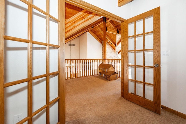 15671 Wermager Beach Rd, Lake Park, MN 56554 - corridor with carpet, lofted ceiling, and french doors