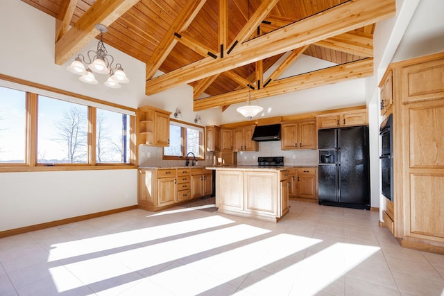 15671 Wermager Beach Rd, Lake Park, MN 56554 - kitchen with black refrigerator with ice dispenser, wooden ceiling with exposed beams, a sink, light tile patterned floors, and extractor fan