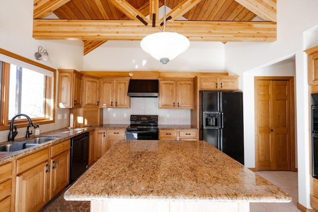 15671 Wermager Beach Rd, Lake Park, MN 56554 - kitchen with black appliances, range hood, a sink, a center island, and light stone countertops