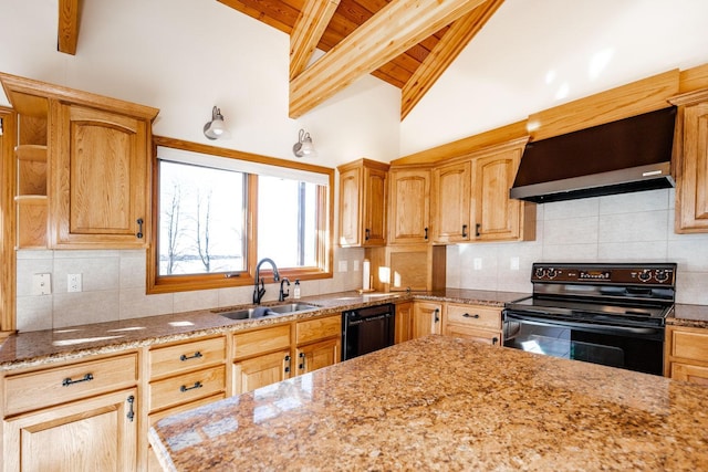 15671 Wermager Beach Rd, Lake Park, MN 56554 - kitchen with black appliances, custom range hood, a sink, wooden ceiling with exposed beams, and tasteful backsplash