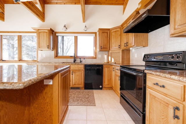 15671 Wermager Beach Rd, Lake Park, MN 56554 - kitchen with black appliances, exhaust hood, beam ceiling, backsplash, and light stone counters