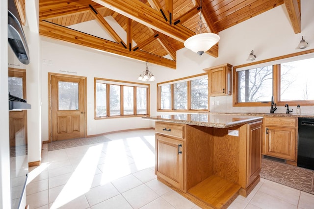 15671 Wermager Beach Rd, Lake Park, MN 56554 - kitchen featuring wooden ceiling, a sink, a center island, a chandelier, and light stone counters