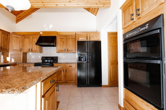 15671 Wermager Beach Rd, Lake Park, MN 56554 - kitchen featuring black appliances, under cabinet range hood, light stone counters, tasteful backsplash, and light tile patterned floors