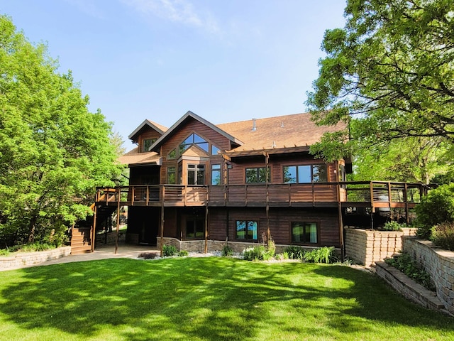 15671 Wermager Beach Rd, Lake Park, MN 56554 - back of house featuring a wooden deck, stairs, a yard, and a patio area