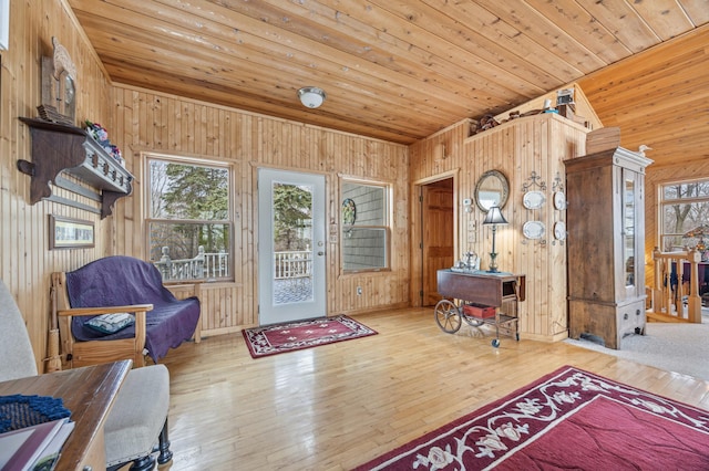 32331 Loon Dr, Candor Twp, MN 56587 - entryway with wood walls, wooden ceiling, and wood-type flooring
