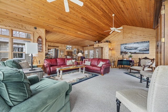 32331 Loon Dr, Candor Twp, MN 56587 - carpeted living area featuring ceiling fan, wood walls, lofted ceiling, and wooden ceiling