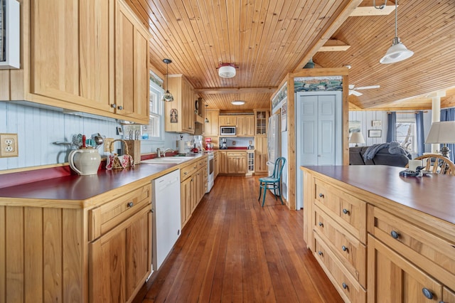 32331 Loon Dr, Candor Twp, MN 56587 - kitchen featuring wood ceiling, white dishwasher, stainless steel microwave, gas stove, and dark wood-type flooring