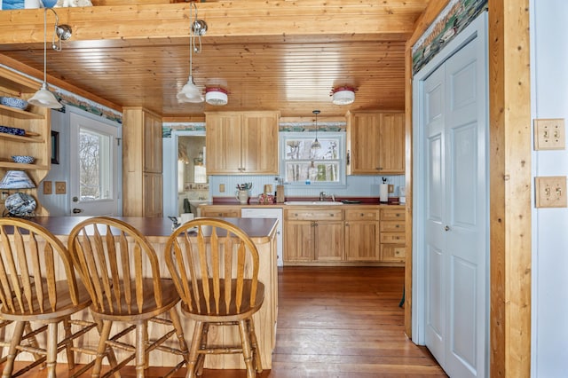 32331 Loon Dr, Candor Twp, MN 56587 - kitchen featuring wood ceiling, dark wood finished floors, a sink, light brown cabinetry, and a kitchen bar