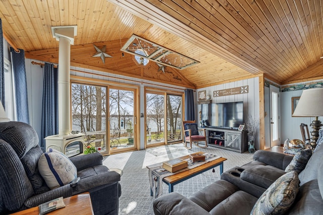32331 Loon Dr, Candor Twp, MN 56587 - living area with lofted ceiling, wood walls, carpet floors, and wooden ceiling