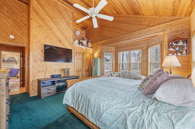32331 Loon Dr, Candor Twp, MN 56587 - bedroom with wood walls, carpet, wooden ceiling, a ceiling fan, and high vaulted ceiling