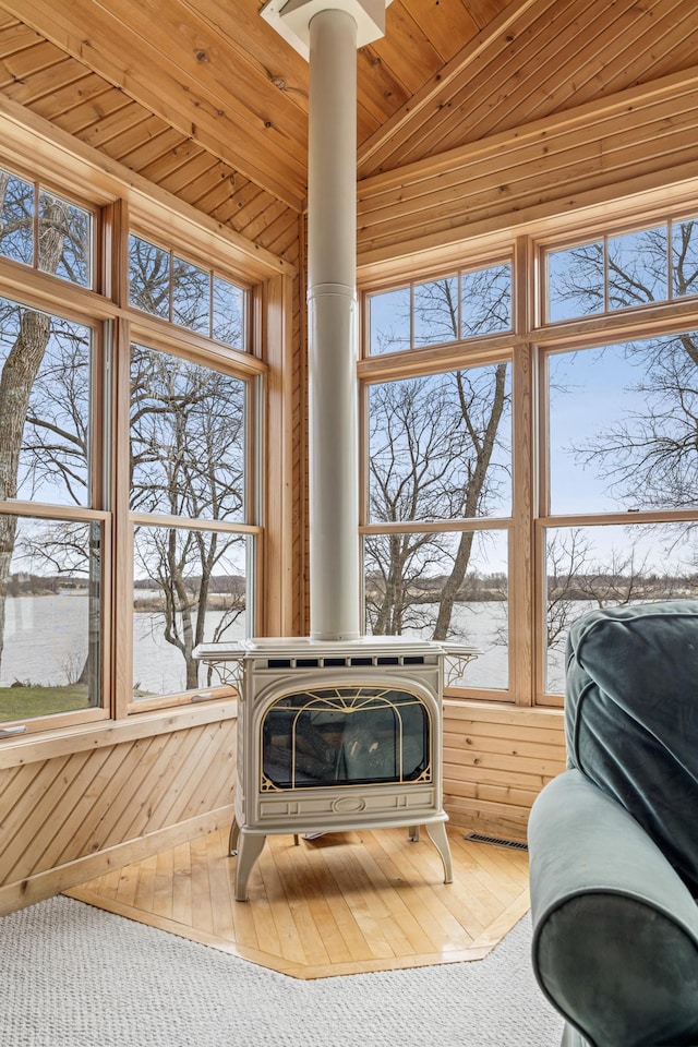 32331 Loon Dr, Candor Twp, MN 56587 - detailed view of a nearby body of water, a wood stove, wooden walls, wooden ceiling, and wood finished floors