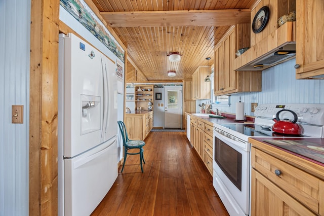32331 Loon Dr, Candor Twp, MN 56587 - kitchen with white appliances, wooden ceiling, a sink, dark wood-style flooring, and pendant lighting