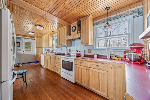 32331 Loon Dr, Candor Twp, MN 56587 - kitchen with white appliances, light brown cabinetry, wooden ceiling with exposed beams, hanging light fixtures, and dark wood-type flooring