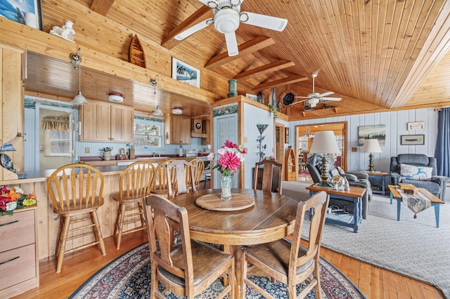 32331 Loon Dr, Candor Twp, MN 56587 - dining area featuring ceiling fan, wood ceiling with exposed beams, wooden walls, wood finished floors, and high vaulted ceiling