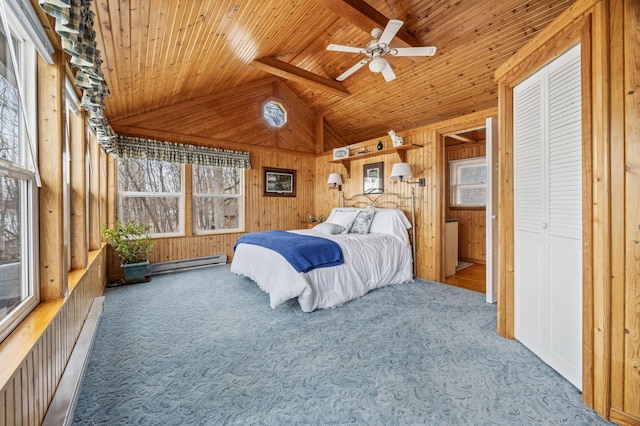 32331 Loon Dr, Candor Twp, MN 56587 - carpeted bedroom featuring a baseboard heating unit, wood walls, wood ceiling, and lofted ceiling