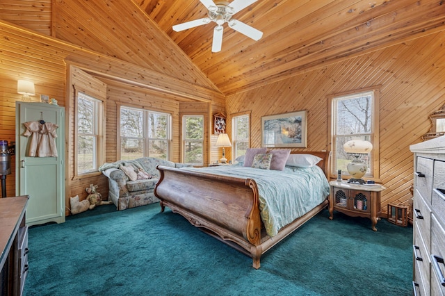 32331 Loon Dr, Candor Twp, MN 56587 - bedroom with vaulted ceiling, wooden walls, wood ceiling, carpet flooring, and a ceiling fan
