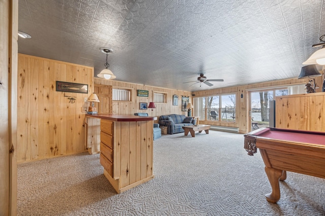 32331 Loon Dr, Candor Twp, MN 56587 - playroom featuring light colored carpet, a ceiling fan, baseboard heating, an ornate ceiling, and billiards table