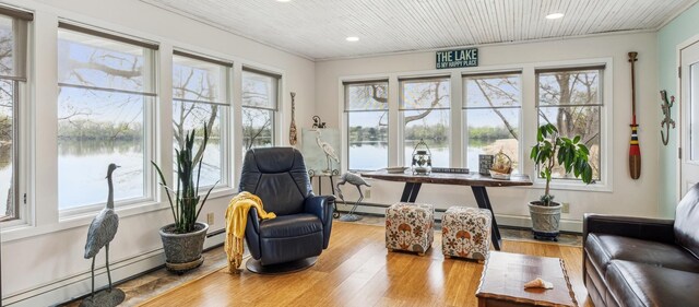 5427 Twin Lake Blvd E, Brooklyn Center, MN 55429 - sitting room with a baseboard heating unit, healthy amount of natural light, a water view, recessed lighting, and wood ceiling