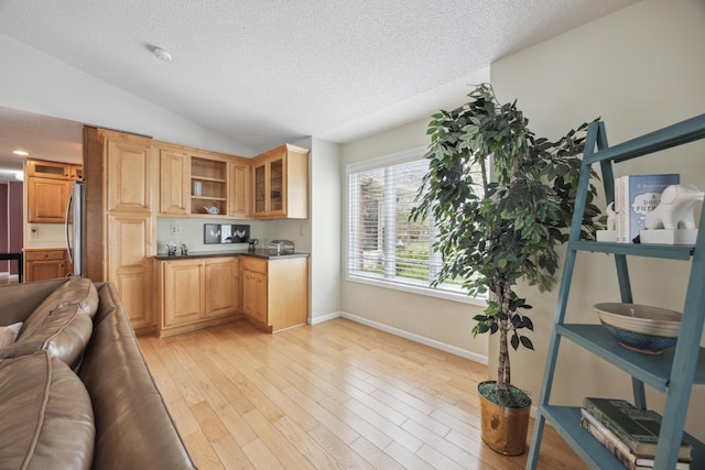 5427 Twin Lake Blvd E, Brooklyn Center, MN 55429 - kitchen featuring open shelves, a textured ceiling, lofted ceiling, dark countertops, and baseboards
