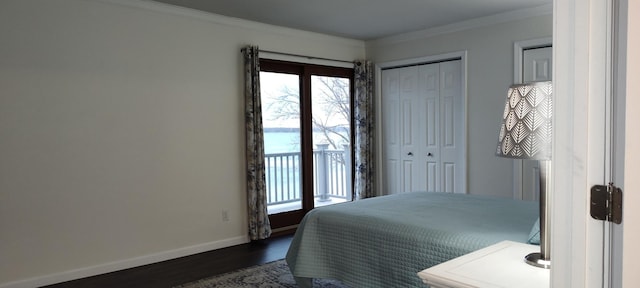 2520 Le Homme Dieu Hts NE Unit 3, Alexandria Twp, MN 56308 - bedroom featuring dark wood-type flooring, crown molding, baseboards, and a closet