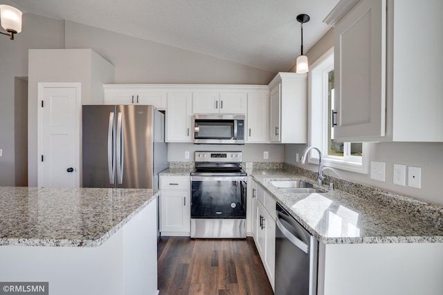 1102 2nd St NW, Delano, MN 55328 - kitchen with dark wood-style flooring, appliances with stainless steel finishes, a sink, white cabinetry, and lofted ceiling