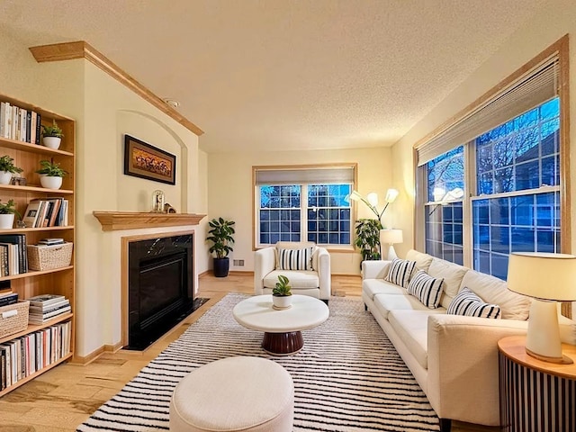 living room with a fireplace with flush hearth, wood finished floors, a textured ceiling, and baseboards