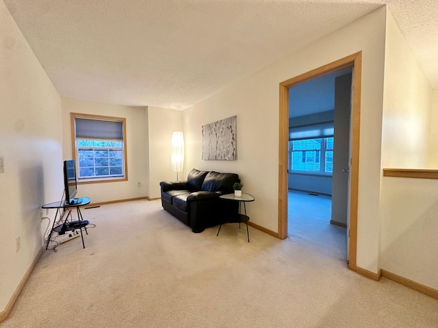 sitting room featuring carpet flooring, baseboards, plenty of natural light, and a textured ceiling