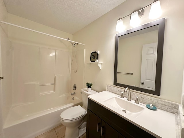 full bath with a textured ceiling, toilet, tile patterned flooring, vanity, and shower / tub combination