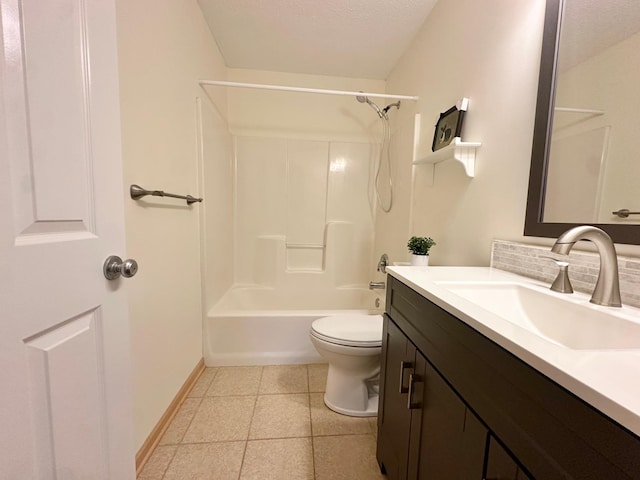 full bath featuring toilet, vanity, backsplash, tile patterned flooring, and shower / bathtub combination