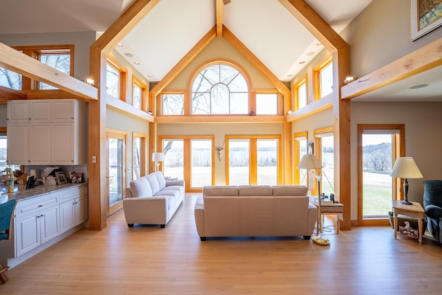2300 County Road 92, Minnetrista, MN 55359 - living room featuring high vaulted ceiling, light wood-style flooring, plenty of natural light, and beam ceiling