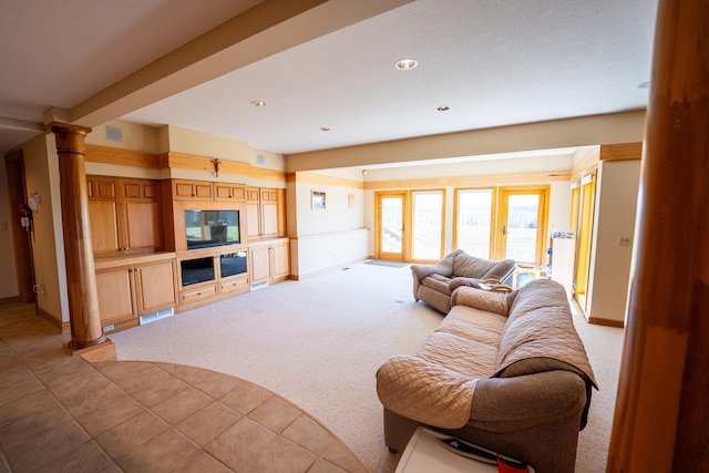 2300 County Road 92, Minnetrista, MN 55359 - living area featuring decorative columns, light colored carpet, and recessed lighting