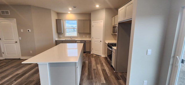 1001 Stone Creek Dr, Jordan, MN 55352 - kitchen featuring stainless steel appliances, a sink, a center island, gray cabinets, and dark wood-type flooring