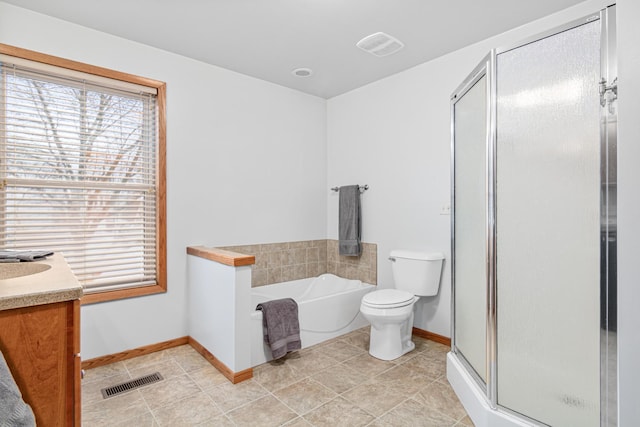 full bathroom with baseboards, visible vents, a shower stall, and toilet