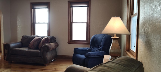 sitting room featuring healthy amount of natural light, wood finished floors, and baseboards