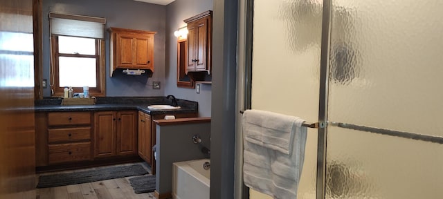 full bath featuring a shower with shower door, wood finished floors, vanity, and a tub to relax in