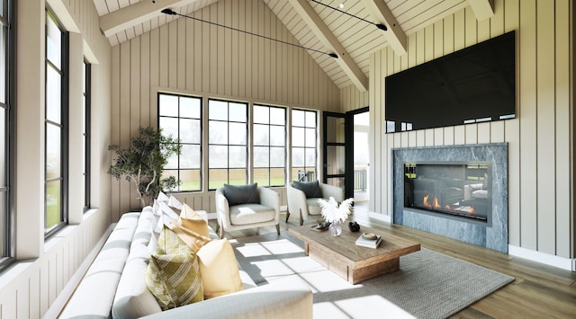 16474 48th Pl N, Plymouth, MN 55446 - sunroom featuring high vaulted ceiling, wood finished floors, wooden ceiling, and beamed ceiling