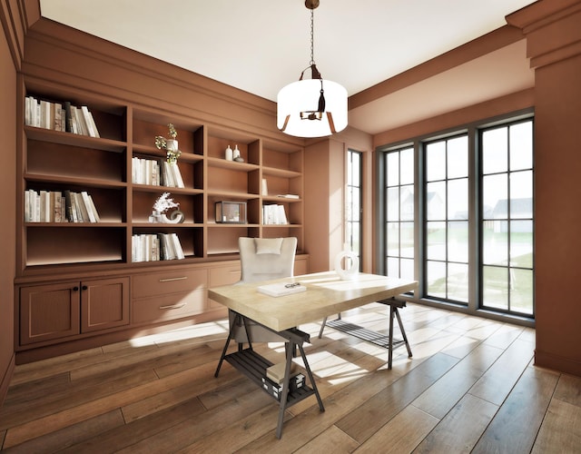 16474 48th Pl N, Plymouth, MN 55446 - home office featuring built in shelves, a notable chandelier, and light wood-style floors