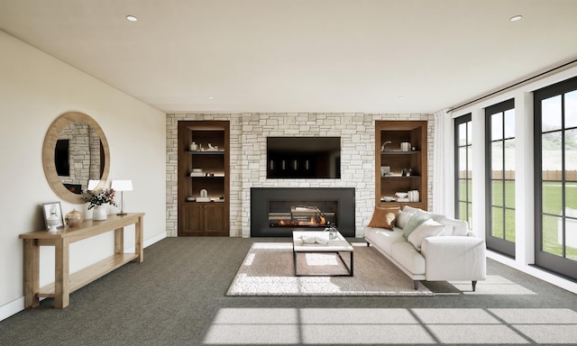 16474 48th Pl N, Plymouth, MN 55446 - carpeted living area featuring a fireplace, baseboards, built in shelves, and recessed lighting