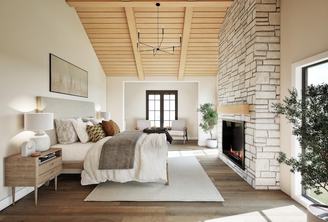 16474 48th Pl N, Plymouth, MN 55446 - bedroom with high vaulted ceiling, beamed ceiling, wood finished floors, wood ceiling, and a fireplace