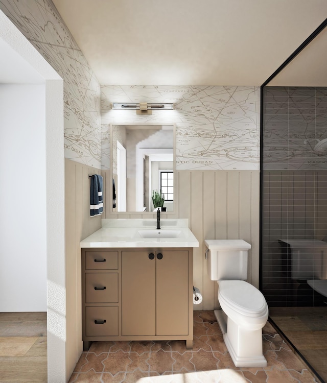 16474 48th Pl N, Plymouth, MN 55446 - full bathroom with wallpapered walls, vanity, and toilet