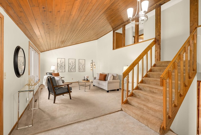 carpeted living area with vaulted ceiling, tile patterned floors, wooden ceiling, stairway, and a chandelier
